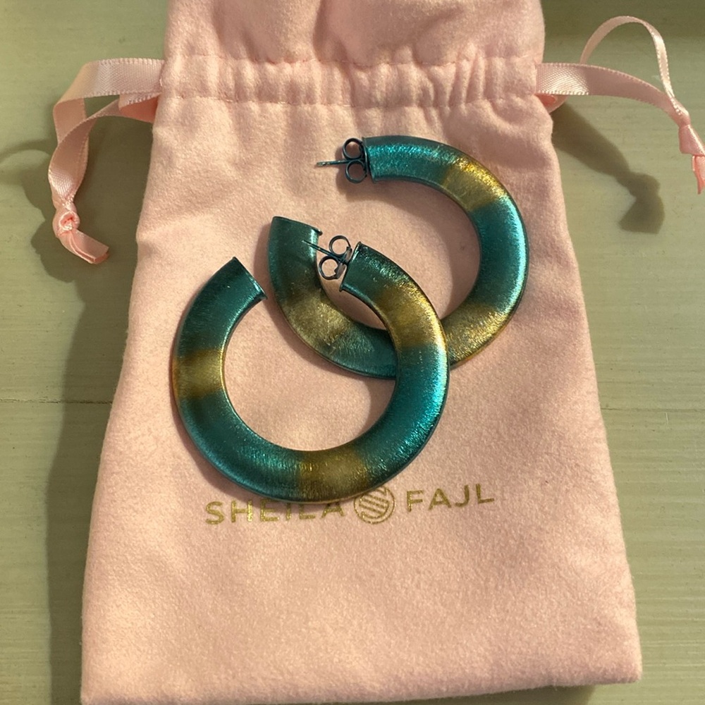 Never worn Sheila Fajl burnished turquoise hoops
